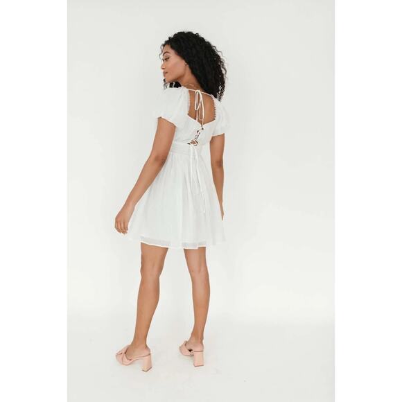 The Post Riley Puff Sleeve Sweetheart Babydoll Mini Dress Ivory Womens Large - Picture 2 of 10